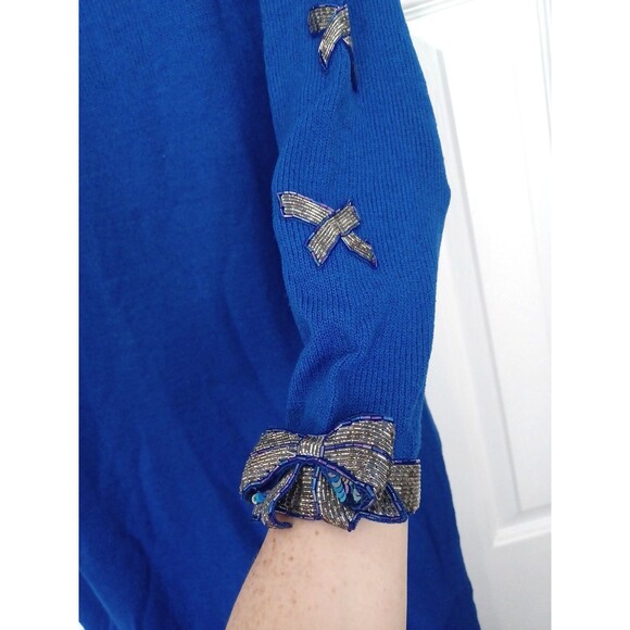 VINTAGE DON SAYERS For WELLMORE Blue Beaded 3D Bows On Sleeves SWEATER DRESS 12 - Picture 3 of 13